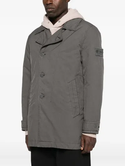 Stone Island Compass-patch Buttoned Coat In Gray