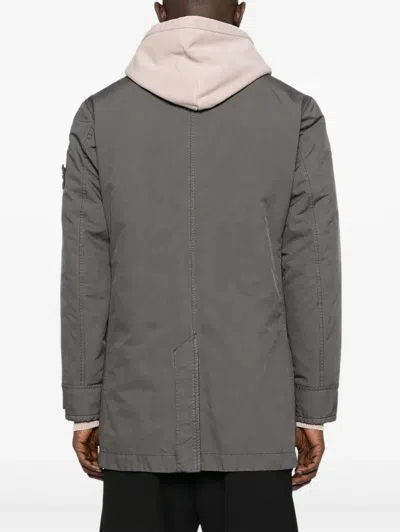 Stone Island Compass-patch Buttoned Coat In Gray