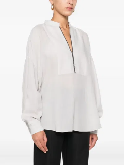 Brunello Cucinelli Women Silk Stretch Satin Blouse In Gray