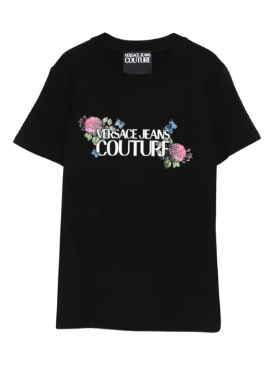 Versace Jeans Couture Floral Print Short Sleeve Crew Neck Top In Black