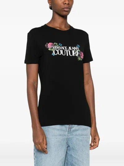 Versace Jeans Couture Floral Print Short Sleeve Crew Neck Top In Black