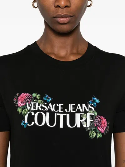 Versace Jeans Couture Floral Print Short Sleeve Crew Neck Top In Black