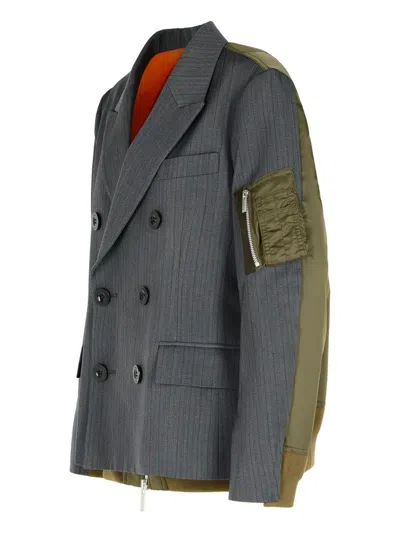 Sacai Double-breasted Wool And Nylon Blazer In Animal Print