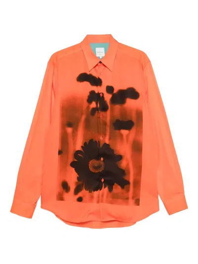 Paul Smith Red 'field Flowers' Print Lyocell Shirt In Orange
