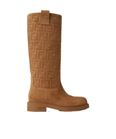 Fendi Cavallerizzo Boot Suede Ff Rubber Sole Boots Beige In Brown