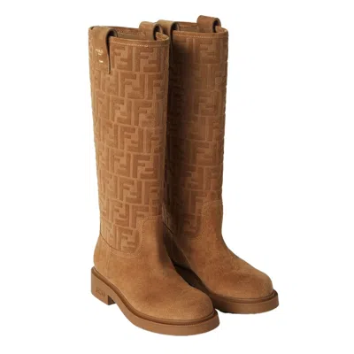 Fendi Cavallerizzo Boot Suede Ff Rubber Sole Boots Beige In Brown