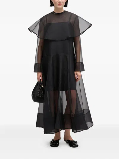 Ganni Cape-sleeve Organza Maxi Dress In Black