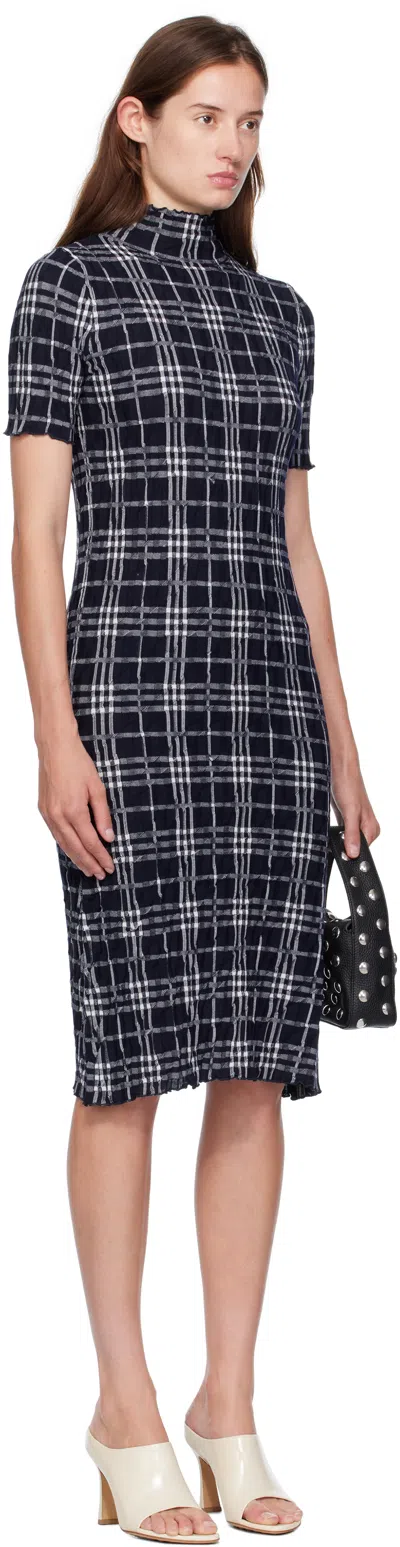 Burberry Check Turtleneck Wool Blend Dress In Blue