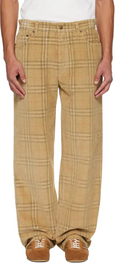 Burberry Sand-coloured Check Corduroy Trousers In Brown