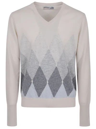 Ballantyne Diamond Pattern Cashmere Sweater With V-neck In Gray