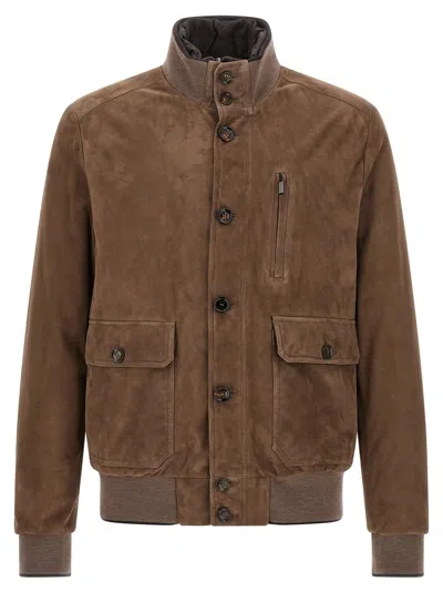 Moorer Buttoned High Neck Jacket In Brown