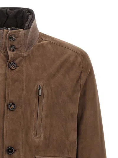 Moorer Buttoned High Neck Jacket In Brown