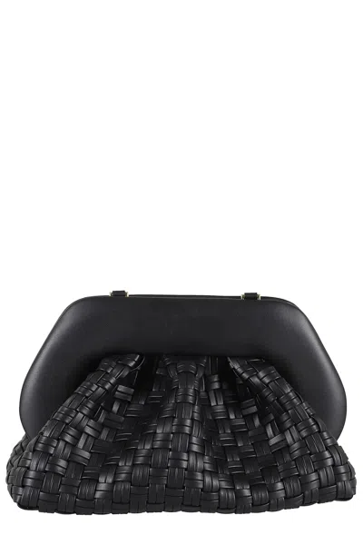 Themoirè Tia Black Clutch Bag With Woven Straw Motif And Shoulder Strap In Black