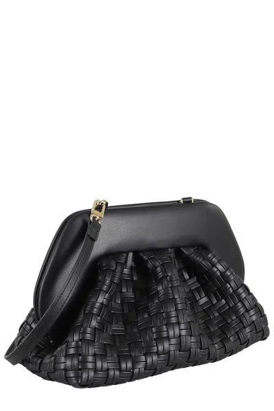 Themoirè Tia Black Clutch Bag With Woven Straw Motif And Shoulder Strap In Black