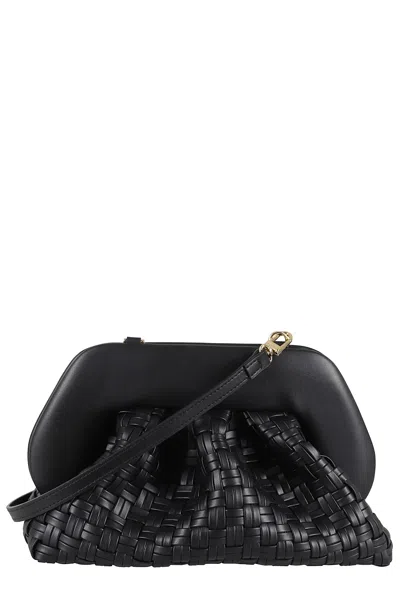 Themoirè Tia Black Clutch Bag With Woven Straw Motif And Shoulder Strap In Black