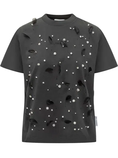 Des_phemmes Des Phemmes T-shirt With Rhinestones, Pearls And Feathers In Gray