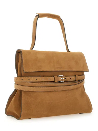 Moschino Medium Tie Me Belt-detail Suede Shoulder Bag In Brown