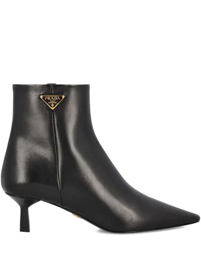 Prada Triangle Logo Leather Kitten-heel Booties In Black