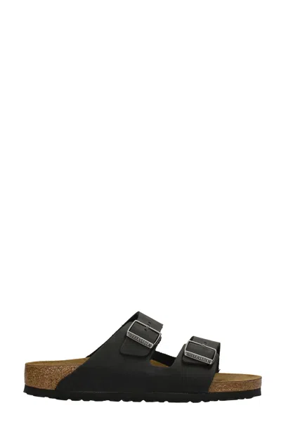 Birkenstock Arizona Bs Leather Slides With Buckle In Black