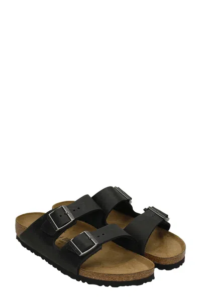 Birkenstock Arizona Bs Leather Slides With Buckle In Black