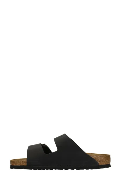 Birkenstock Arizona Bs Leather Slides With Buckle In Black