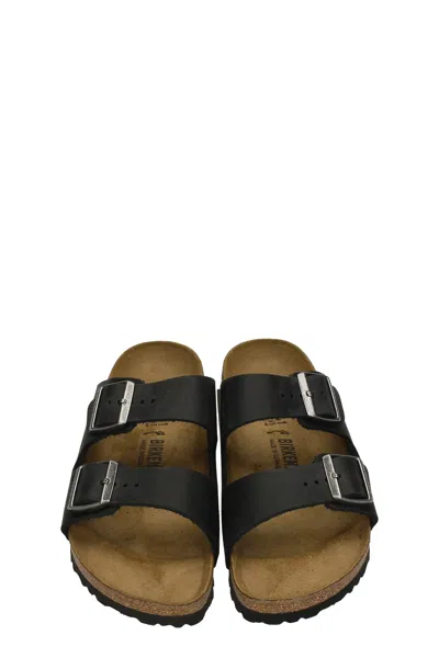 Birkenstock Arizona Bs Leather Slides With Buckle In Black