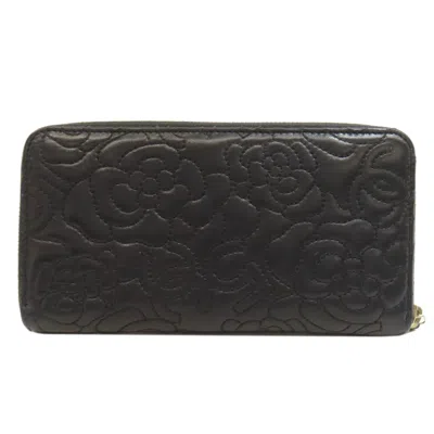 Pre-owned Chanel Camellia Black Leather Long Wallet (bi-fold) ()