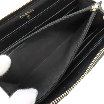 Pre-owned Chanel Camellia Black Leather Long Wallet (bi-fold) ()