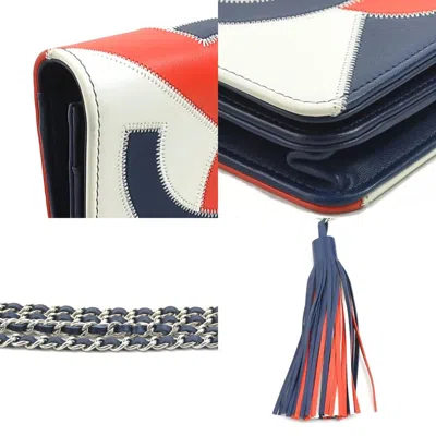 Pre-owned Chanel Navy Off-white Red Color Leather Chain/shoulder Wallet ()
