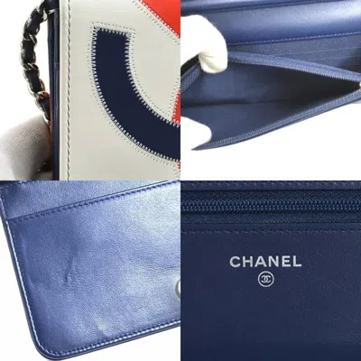 Pre-owned Chanel Navy Off-white Red Color Leather Chain/shoulder Wallet ()