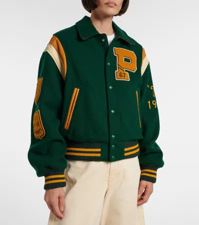 Polo Ralph Lauren Wool Blend Bomber Jacket Featuring Patches In Green