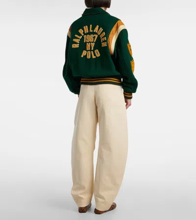 Polo Ralph Lauren Wool Blend Bomber Jacket Featuring Patches In Green
