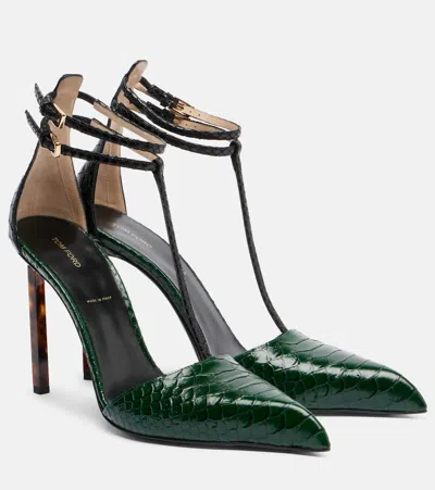 Tom Ford T-bar Ankle Strap Pointed Toe Pumps In Green
