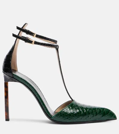Tom Ford T-bar Ankle Strap Pointed Toe Pumps In Green