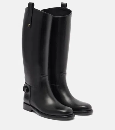 Burberry Women Black Boots With Side Logo Plaque In Leather Woman In Black