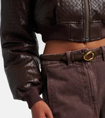 Rotate Birger Christensen Brown Cropped Bomber Bomber Jacket With Bomber Collar And Woven Design In Ecoleather Woman In Brown