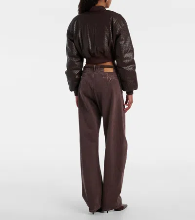 Rotate Birger Christensen Brown Cropped Bomber Bomber Jacket With Bomber Collar And Woven Design In Ecoleather Woman In Brown