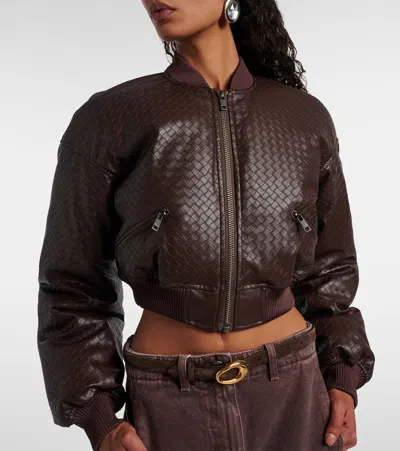 Rotate Birger Christensen Brown Cropped Bomber Bomber Jacket With Bomber Collar And Woven Design In Ecoleather Woman In Brown