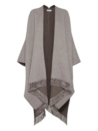 Brunello Cucinelli Herringbone-pattern Fringed Poncho In Gray