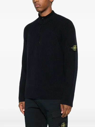 Stone Island Ribbed Zip-neck Sweater In Black