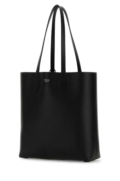 Ferragamo Black Leather Allover Shopping Bag In Black