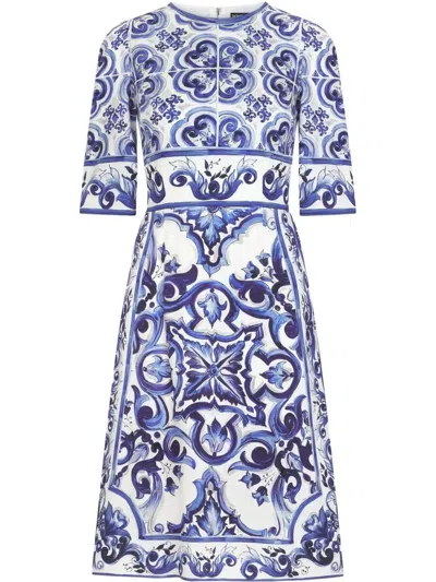 Dolce & Gabbana Printed Midi Dress Majolica Design In Blue