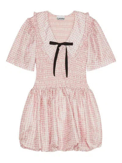 Ganni Vichy Check Shirred Mini Dress In White