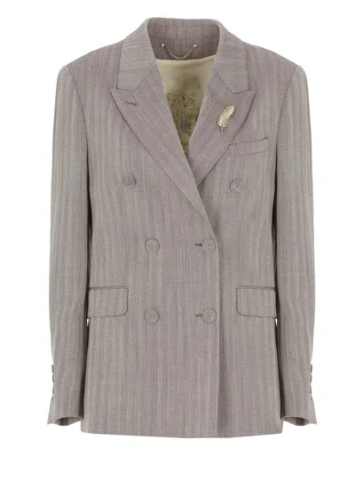 Golden Goose Light Brown Double-breasted Jacket In Chevron Wool Blend In Brown