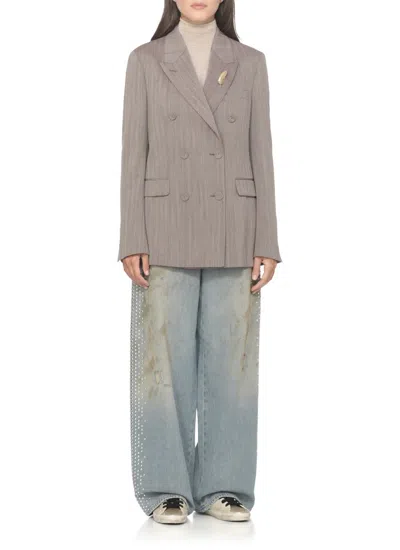 Golden Goose Light Brown Double-breasted Jacket In Chevron Wool Blend In Brown
