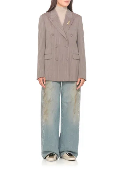 Golden Goose Light Brown Double-breasted Jacket In Chevron Wool Blend In Brown
