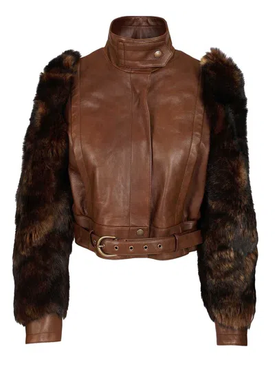 Chloé Leather Jacket With Belted Waist And Fur Sleeves In Brown