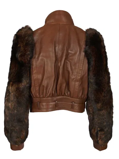 Chloé Leather Jacket With Belted Waist And Fur Sleeves In Brown