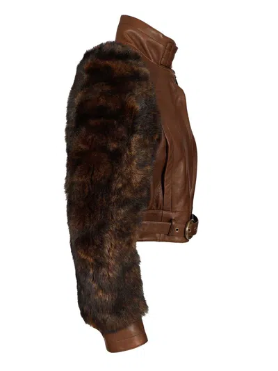 Chloé Leather Jacket With Belted Waist And Fur Sleeves In Brown