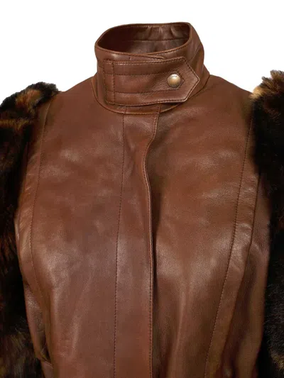 Chloé Leather Jacket With Belted Waist And Fur Sleeves In Brown